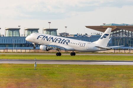 Embraer 190 Finnair airlines Airport Pulkovo, Russia Saint-Petersburg. 06 August 2019のeditorial素材