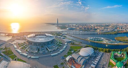 Panoramic wide aerial view from a height at the Zenit Arena stadium. Russia, Saint-Petersburg, 10 september 2019のeditorial素材