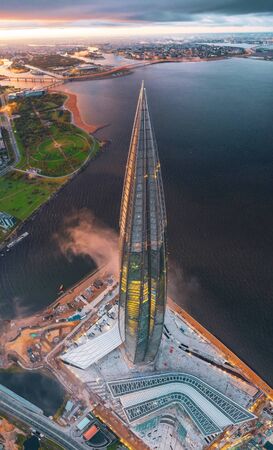 Aerial view of a skyscraper Lakhta Center and a panorama coast of the Gulf of Finland and the islands of the city, the Zenith Arena stadium. Russia, Saint-Petersburg, 10 september 2019のeditorial素材
