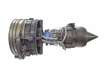 Turbine jet engine, side view isolated on white background