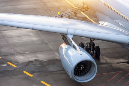 Top view of the wing and engine of an airplane
