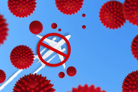 Cancelled of airline flights to the infected countries of the world. Concept stop sign - quarantine isolation from coronavirus pandemic spreadの写真素材
