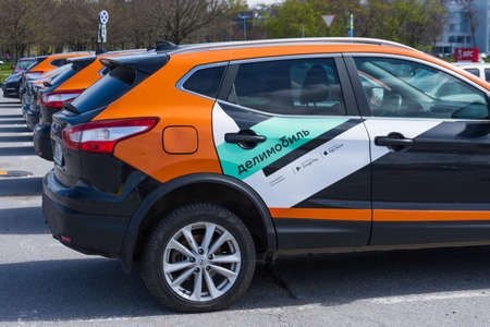 Car sharing Delimobil car parked in the city. Russia, Saint-Petersburg. 13 may 2020のeditorial素材