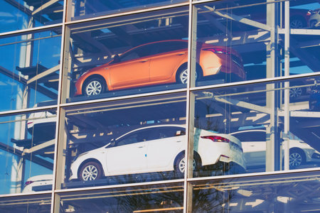 Multilevel glass parking for cars in urban environmentsの写真素材