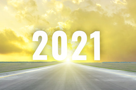 Road and sky in trend colors vibrant Illuminating yellow and ultimate gray with inscription numbers...