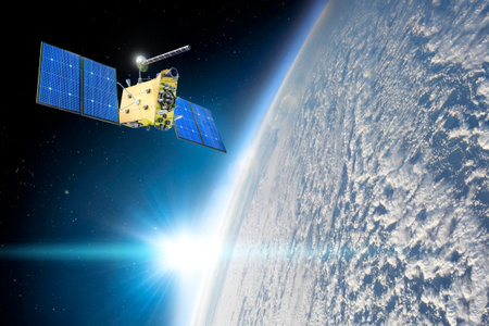 Research, probing, monitoring of atmosphere. Satellite above the Earth makes measurements of the...