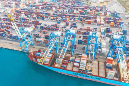 Huge Maersk line cargo ship for transporting containers in port at unloading. Malta, Il Brolli Marsaxlokk, Malta-Freeport. 09 may 2019.のeditorial素材