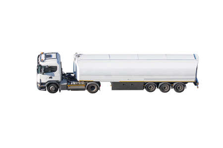 Heavy white truck with a tank for flammable liquids. Isolated on white background
