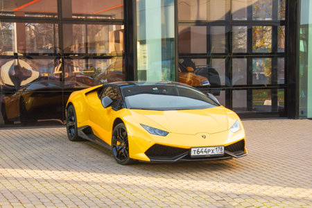 Supercar Lamborghini Aventador yellow color parked at the car dealership. Russia, Saint-Petersburg. 06 november 2020のeditorial素材