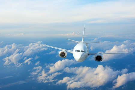 Passenger plane, business trip, travel concept. Flying evening before sunset