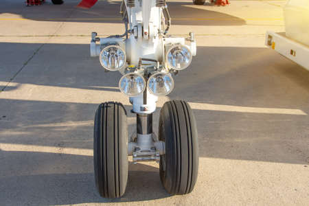 Front landing gear of a wide-body passenger airlinerの写真素材