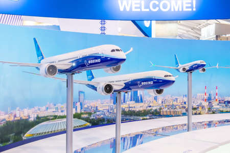 Boeing 787, 777 X, 737 max airliner model dreamliner at the stand of the company corporation....