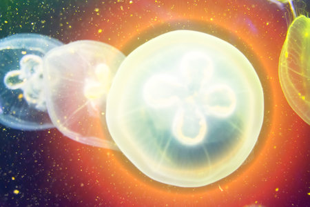 Round jellyfish and shining abstract halo in ocean water