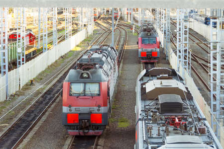 Railroad locomotive electric trains parked in at the cargo station