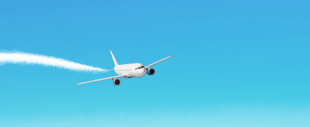Passenger plane flies in the blue sky leaving a white smoky trailの写真素材