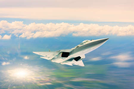 Fighter jet plane in flight motion blur, military aircraft, army airplane flying in sky with clouds,...