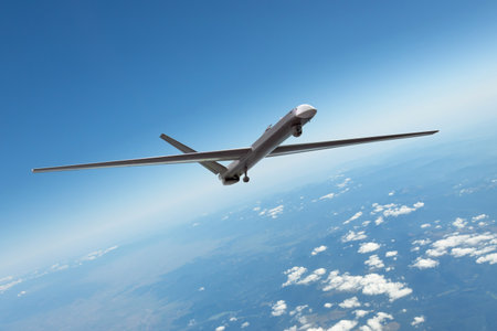 Unmanned military drone uav flying in the air, reconnaissance flight over the territory