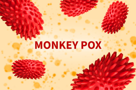 Monkeypox outbreak concept, zoonotic disease. Virus transmitted to humans from animals and other humans. Smallpox virus abstract modelの写真素材