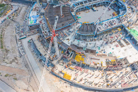 Aerial view of building stadium in Sosnowiec, Poland. Construction site from aboveの写真素材