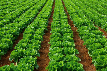 Rows of organically grown fresh lettuce for the food industry. Agro-industrial complex of plantations for growing vegetable cropsの写真素材