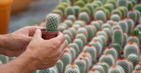 Male hands carefully hold a small pot with a grown cactus in a plant nursery, among other types of cacti exhibited in pot holder cassettes in gardenの写真素材
