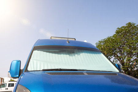 Foil curtain matt protection against interior heating inside the bus, minibusの写真素材