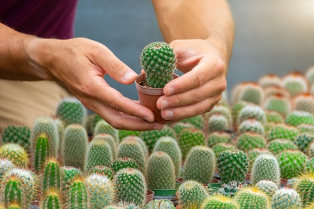 Male hands carefully hold a small pot with a grown cactus in a plant nursery, among other types of...