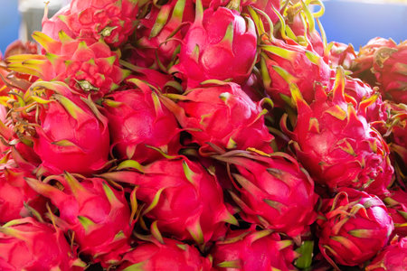Stacked from dragon fruit or pitahaya fruit in a Turkish marketの写真素材