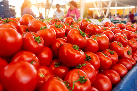 Bright red juicy fruits of tomatoes laid out on the counter of the agricultural marketの写真素材