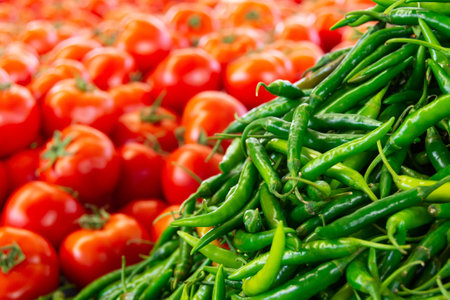Green hot peppers and tomatoes on the market counterの写真素材