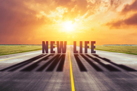 The path to a new life is the concept of changing life for the better. View words cast a shadow from the sunの写真素材