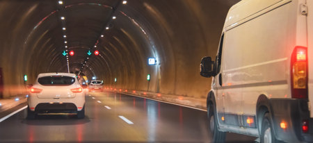 Cargo mini bus delivery rides through the tunnel among other cars and colored lightsの写真素材