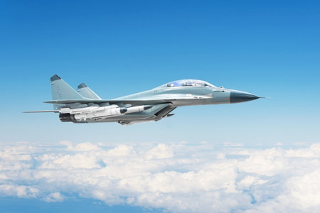 Flying fighter in the sky with ammunition on the wing, homing missiles and other ammunition