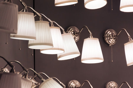 Sconce lamps included electricity lighting on the wall stained glass window in the storeの写真素材