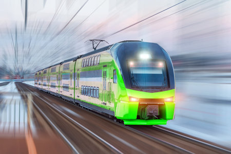 Electric passenger train drives at high speed among urban passenger station, motion blur effectの写真素材