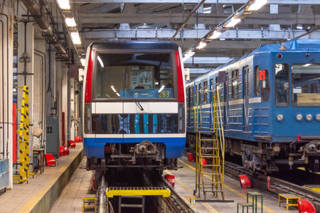 Several types of electric locomotives metro subway modern and obsolete in the depot for repair diagnosticsの写真素材