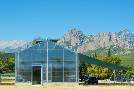 Private farm greenhouse, industrial plantation, car nearbyの写真素材