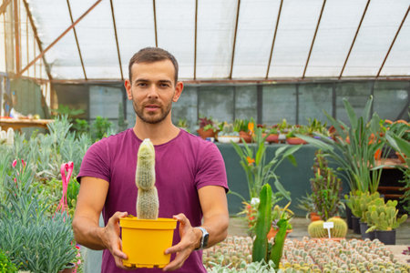 The guy swarthy gardener holds a pot with a fluffy hairy cactus grown in a greenhouseの写真素材
