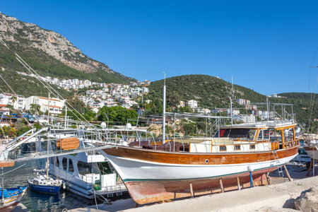 Wooden boat on stands during storage in the port during the cold season of the year Kash Turkeyの写真素材