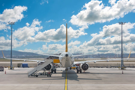 Rear back view. Airplane aircraft parked during pre-flight service preparation for flight, next taxiing to runway before take offの写真素材