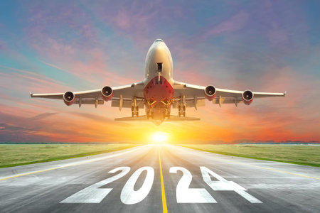 Inscription on the runway 2024 surface of the airport road with take off big airplane enjoy travel sunset sunrise dawn. Concept of travel in the new year, holidaysの写真素材