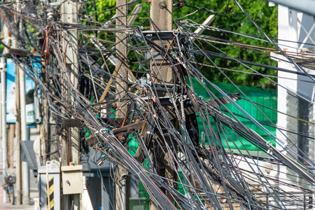 Electricity post with many wires and cables in wound various wires twisted in a skein.の写真素材