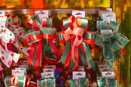 New Year's Christmas bow ribbon, accessories for decorating gifts and adornment space to create a holiday atmosphereの写真素材