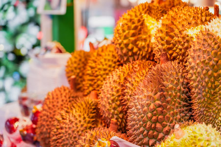 Durian fruit in a basket for sale thai market.の写真素材