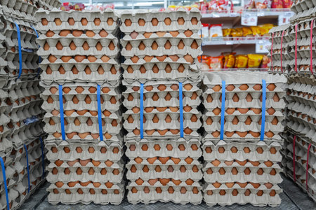 Many stacks of rows and paper packaging for chicken eggs, stacked in a store, brought from poultry farms in rural areas for sale in city stores.の写真素材