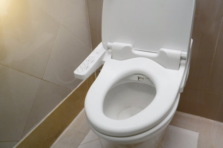 High Tech toilet with automatic bidet installed in public restroom.の写真素材