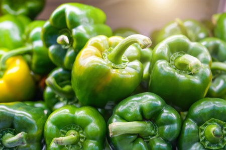 Green pepper on the counter in a supermarket. A large number of bell peppers in a heap.の写真素材