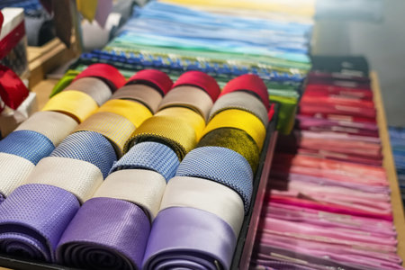Ties of red shade and twisted into spiral colorful tones with strict design pattern folded in row in the window of fashionable mens clothing storeの写真素材