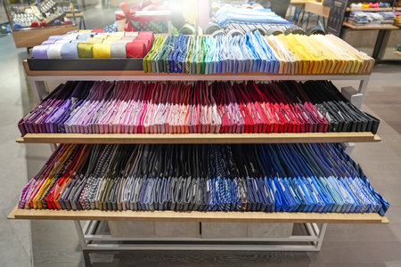 Counter with many expensive ties of various colors assortment of choice for the buyer on three shelvesの写真素材
