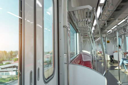 Entrance door, subway train carriage, interior with red seats and handrails.